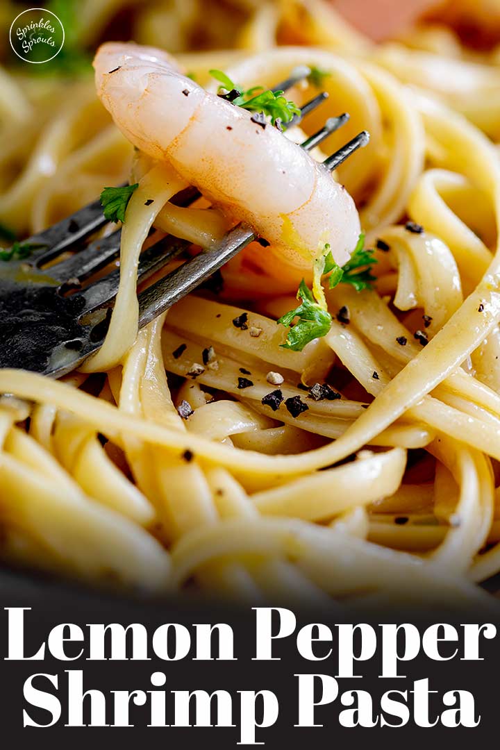 a fork picking up a shrimp from a pan of pasta with text at the bottom