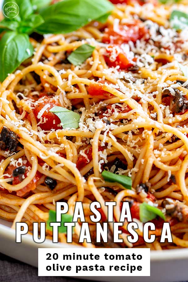 close up on pasta puttanesca with text at the bottom