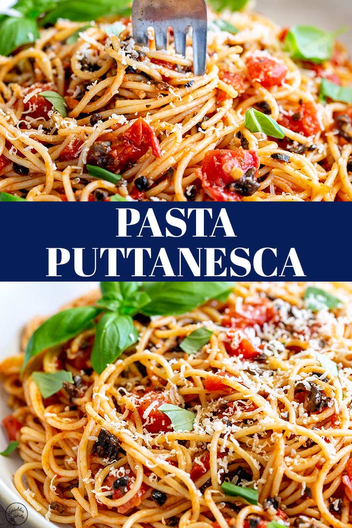 two pictures of pasta puttanesca with text in the middle