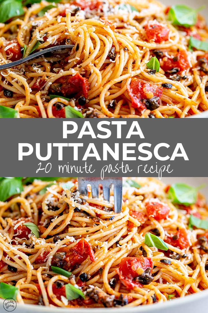 two pictures of pasta puttanesca with text in the middle