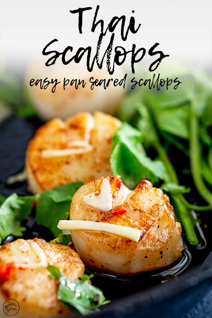 close up on a seared Thai scallop with text at the top