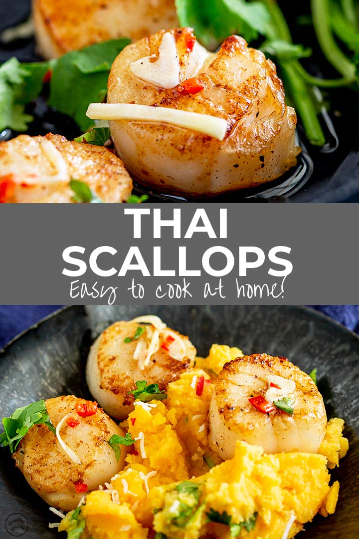 two pictures of Thai scallops in a pan with text in the middle