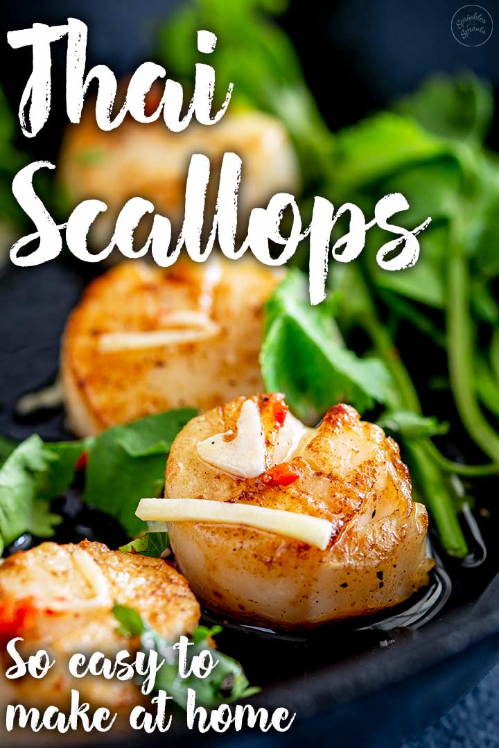 close up on a seared Thai scallop with text at the top and bottom