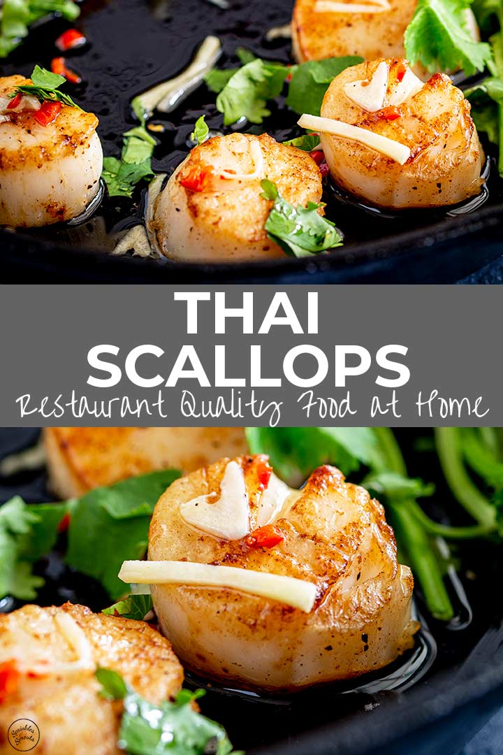 two pictures of Thai scallops in a pan with text in the middle