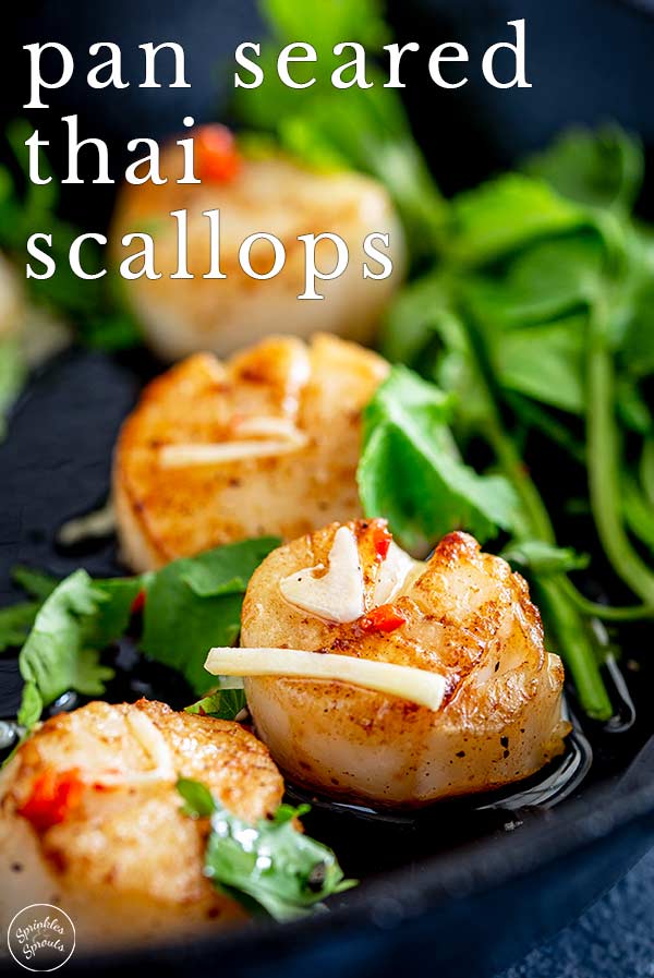 close up on a seared Thai scallop with text at the top