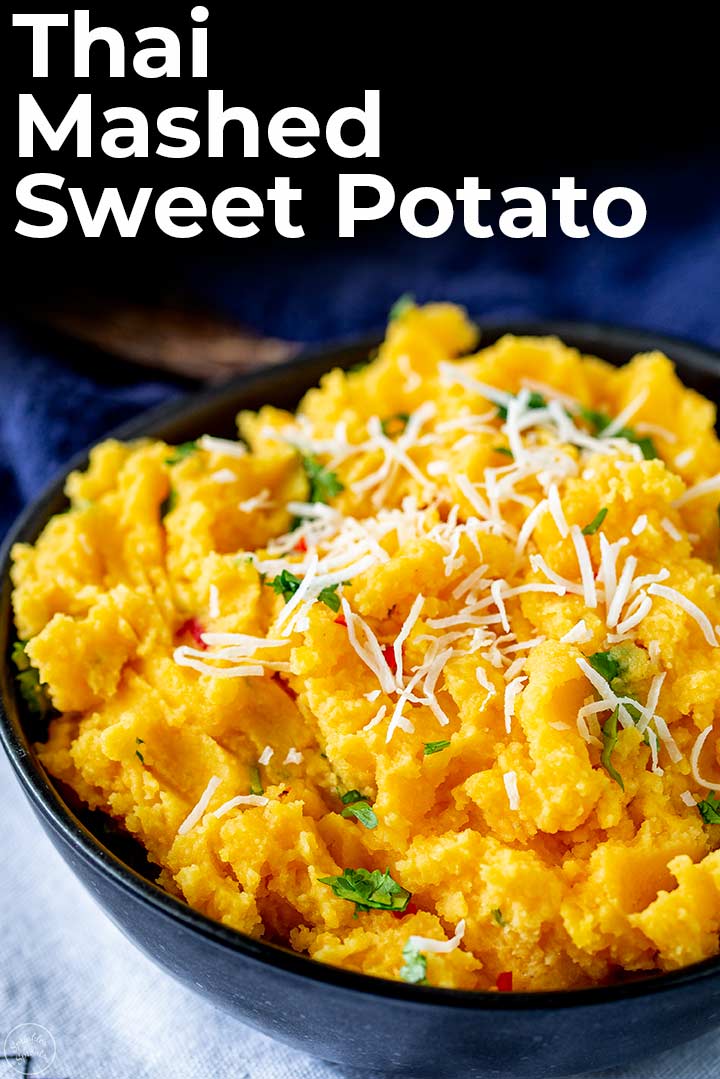 close up of sweet potato mash with shredded coconut on top with text at the top