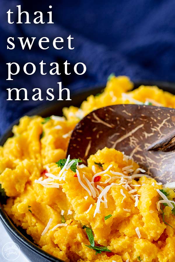 a wooden spoon in a bowl of Thai sweet potato mash with text at the top
