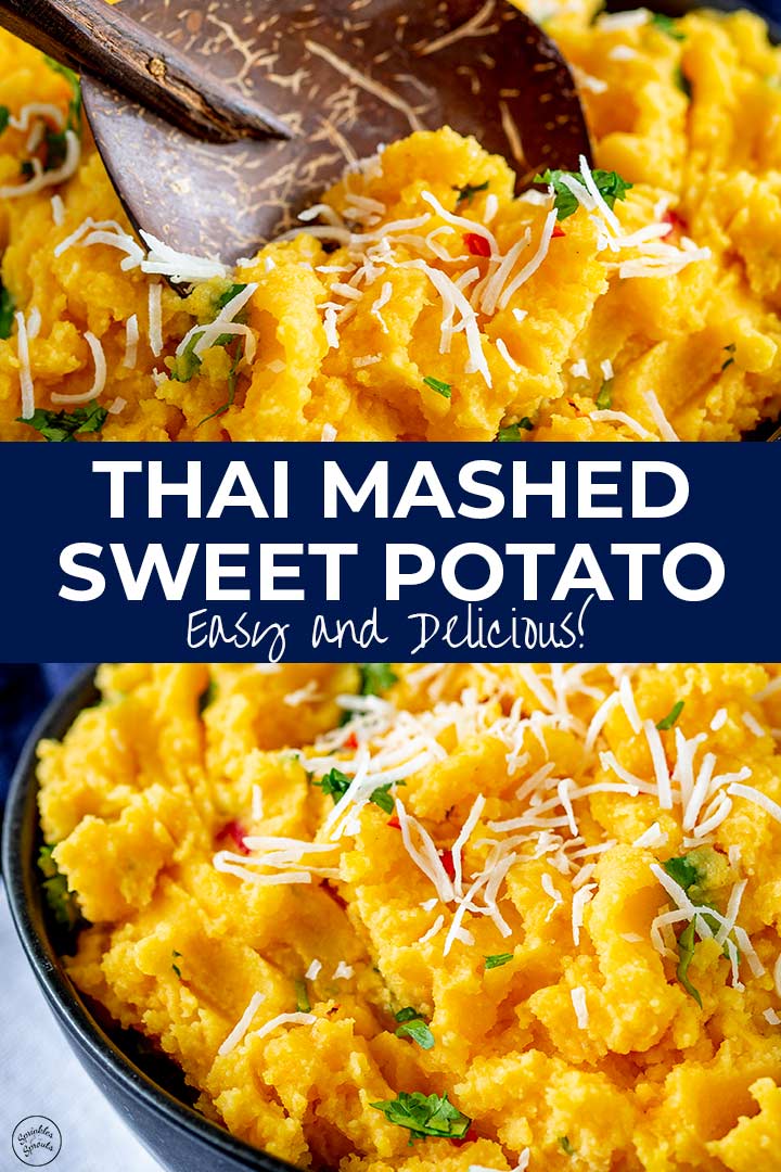 two pictures of Thai sweet potato mash with text in the middle