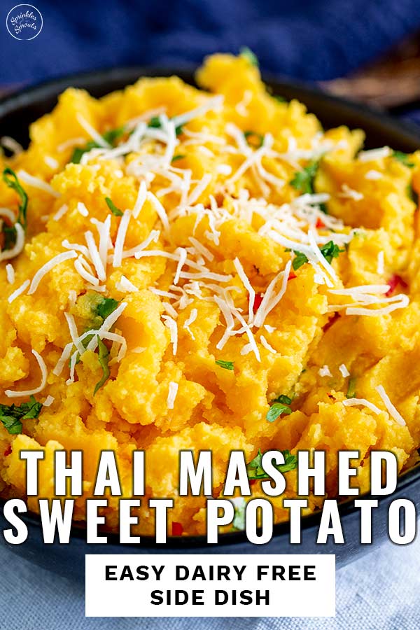 close up of sweet potato mash with shredded coconut on top with text at the bottom