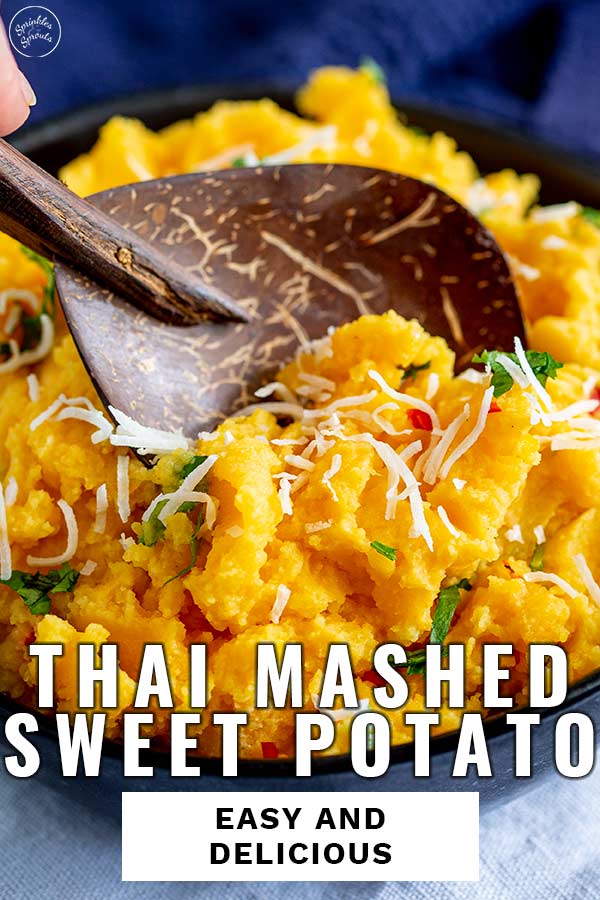 a wooden spoon in a bowl of Thai sweet potato mash with text at the bottom