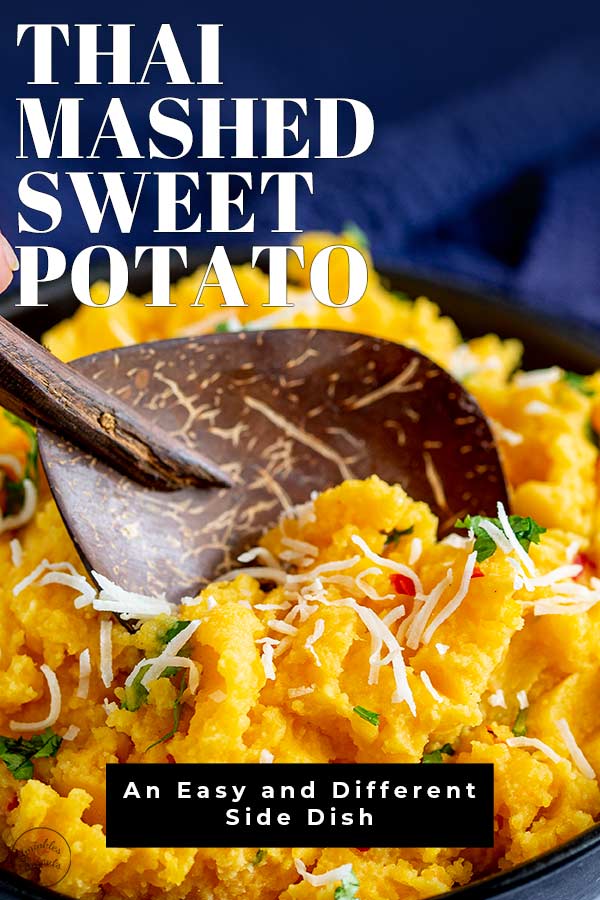 a wooden spoon in a bowl of Thai sweet potato mash with text at the top and bottom