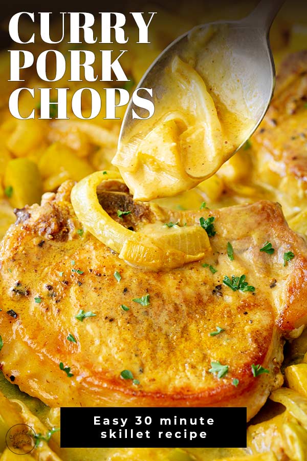 spooning curry sauce over a pork chop with text at the top and bottom