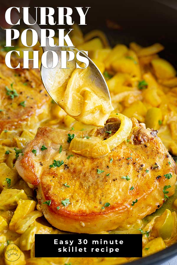spooning curry sauce over a pork chop with text at the top and bottom