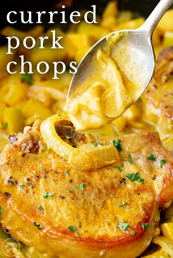 spooning curry sauce over a pork chop with text at the top