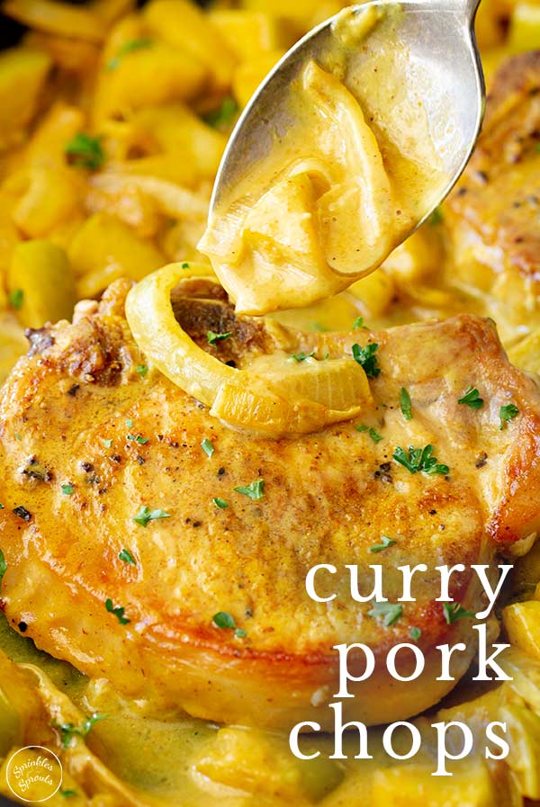 spooning curry sauce over a pork chop with text at the bottom