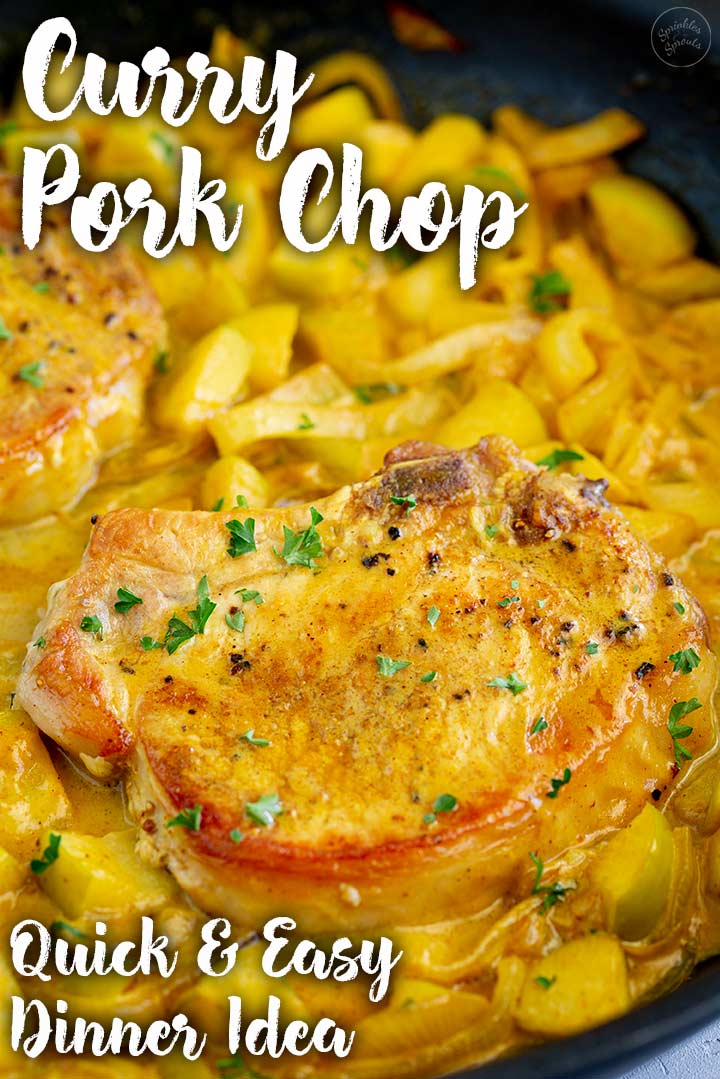 a curried pork chop with text at the top and bottom