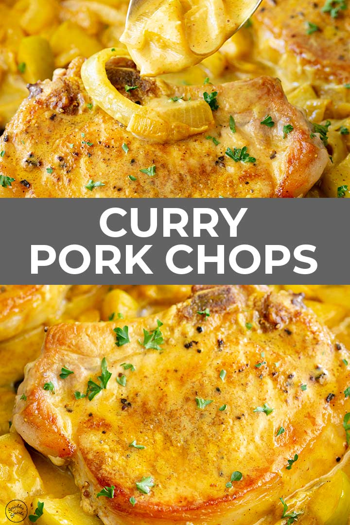 two pictures of curried pork chops with text in the middle