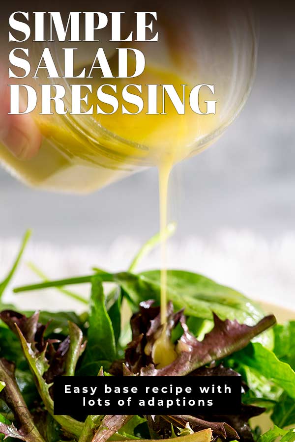 pin image of salad dressing and salad leaves