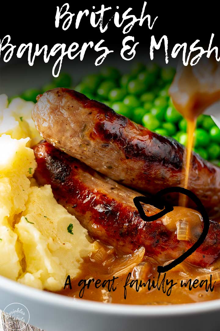 pin image showing sausages and mashed potato with gravy and text overlayed