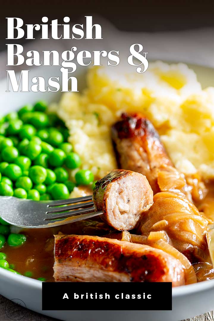 pin image showing sausages and mashed potato with gravy and text overlayed