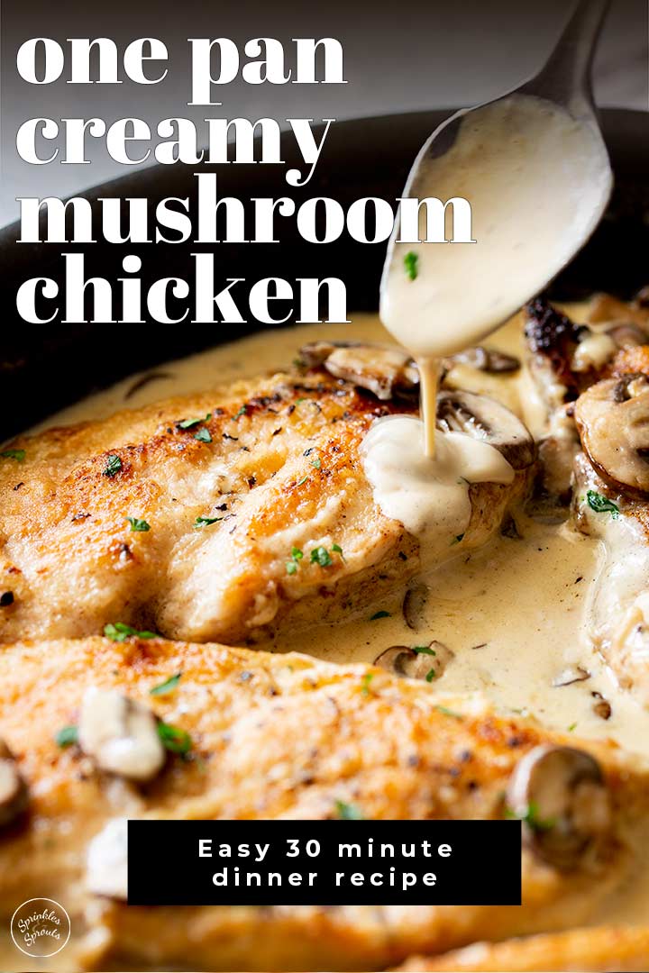 A Pin image of creamy mushroom chicken with text overlay