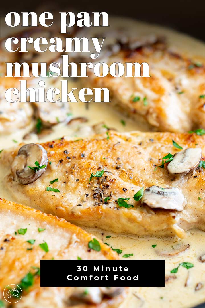 A Pin image of creamy mushroom chicken with text overlay