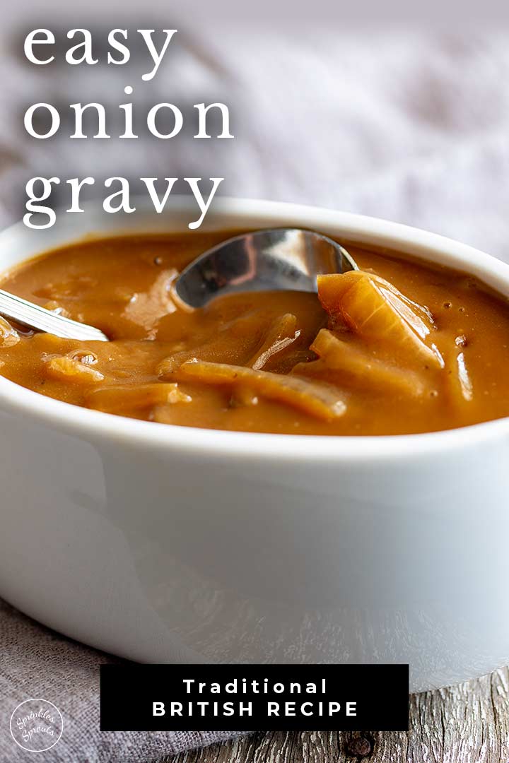 a gravy boat with a spoon in it with text overlay