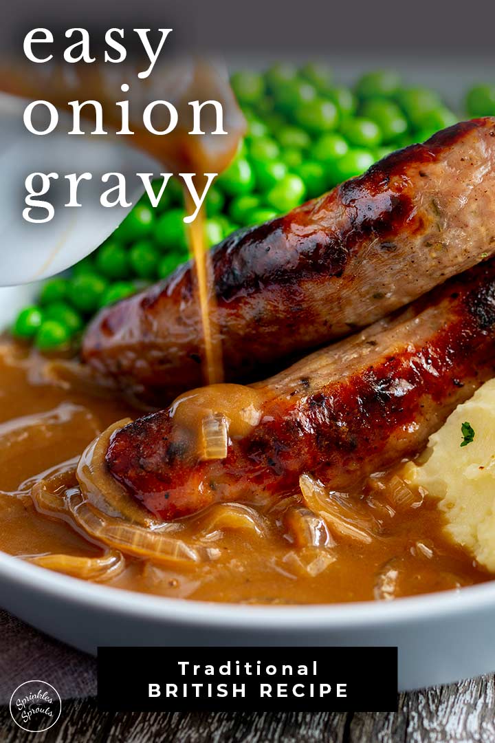 gravy being poured over sausages with text overlay