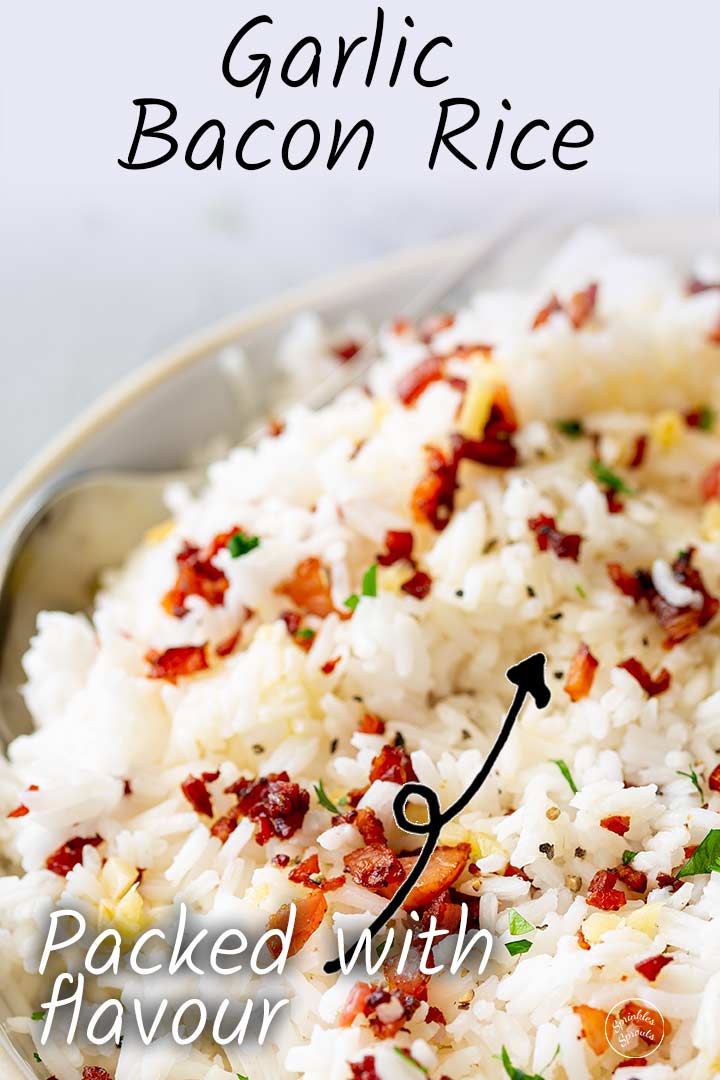PIN IMAGE - A bowl of bacon and garlic rice with text at the top and bottom