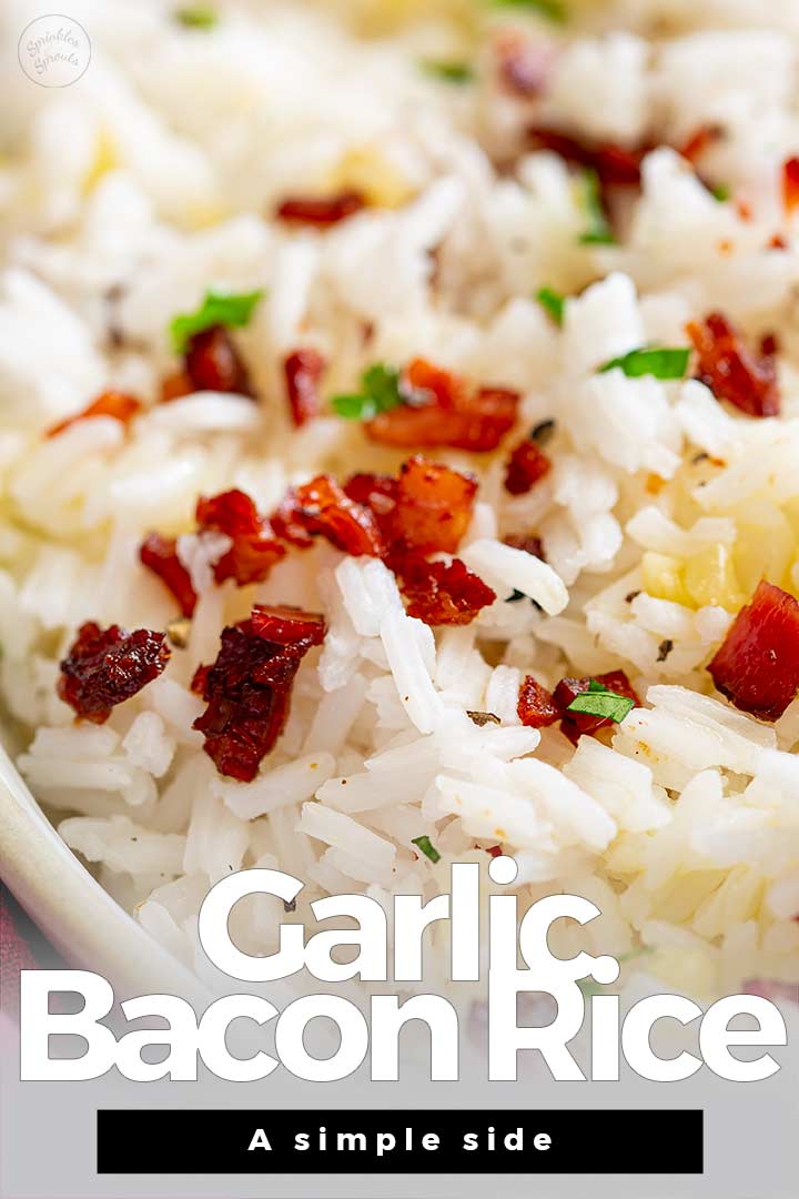 PIN IMAGE - Rice with bacon on top with text at the bottom