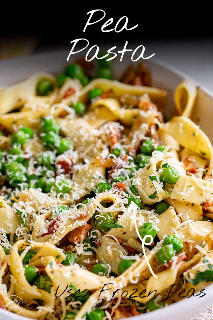 PIN IMAGE - Pasta with peas and bacon with text overlaid