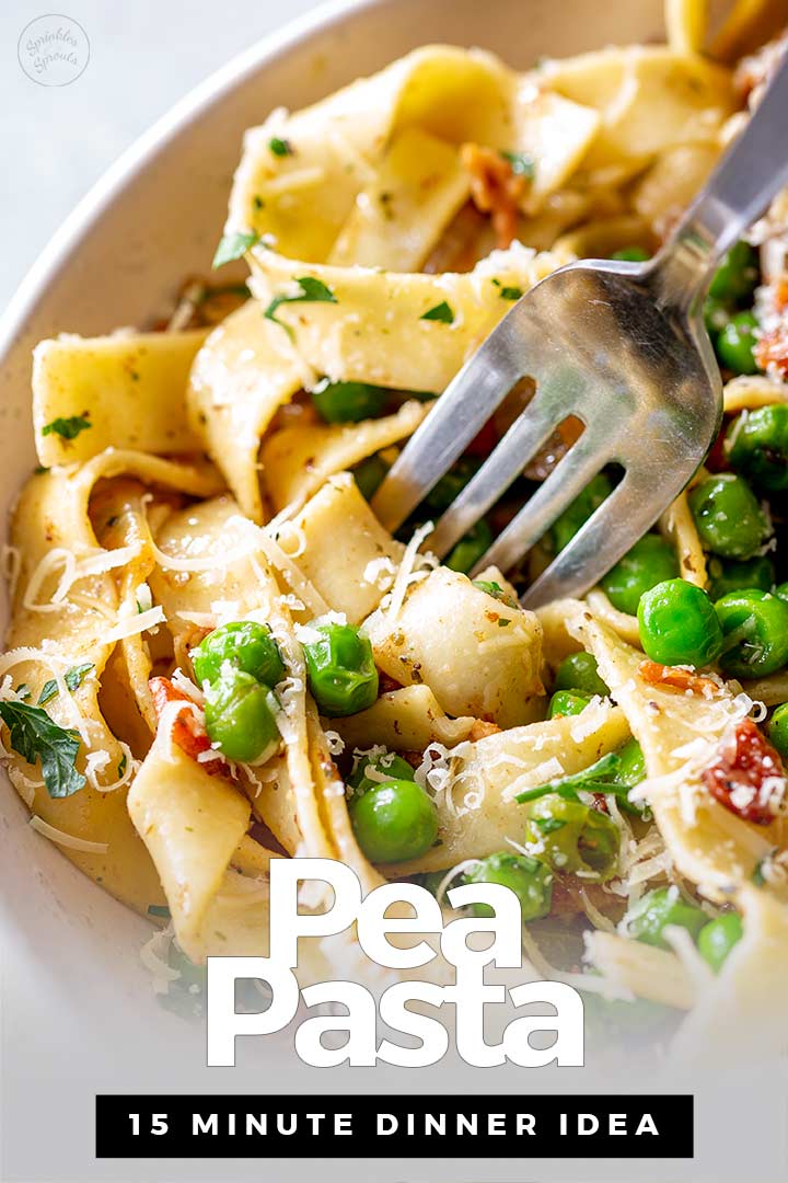 PIN IMAGE - forkful of pea and pasta with text overlaid