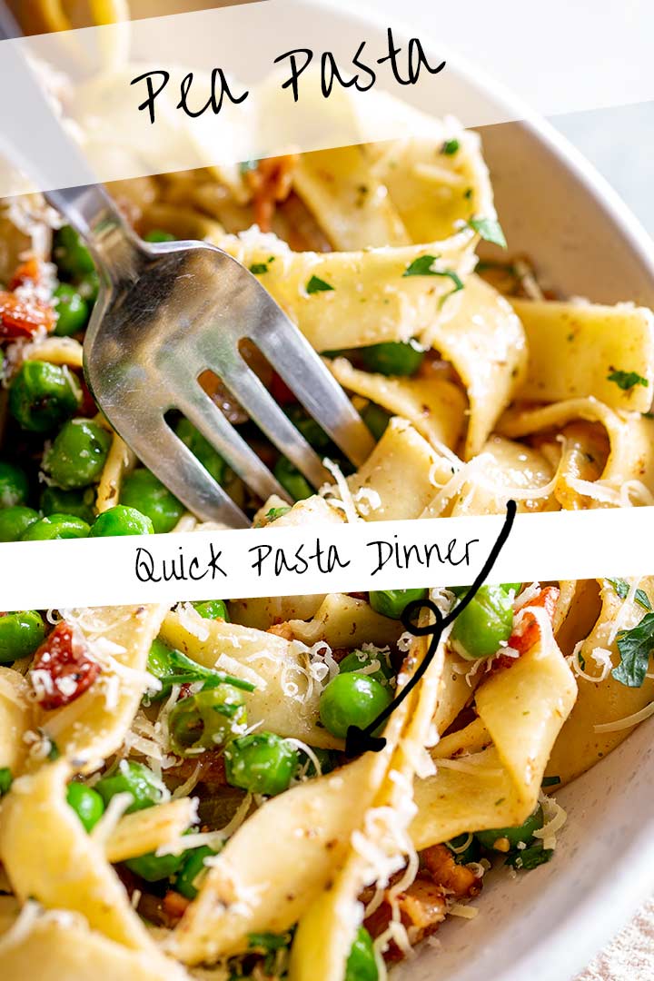 PIN IMAGE - a fork digging into peas and pasta with text overlaid