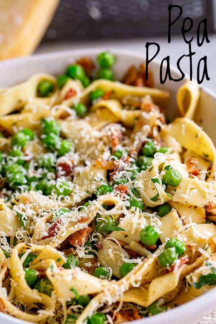 PIN IMAGE - pappardelle with peas and bacon with text overlaid