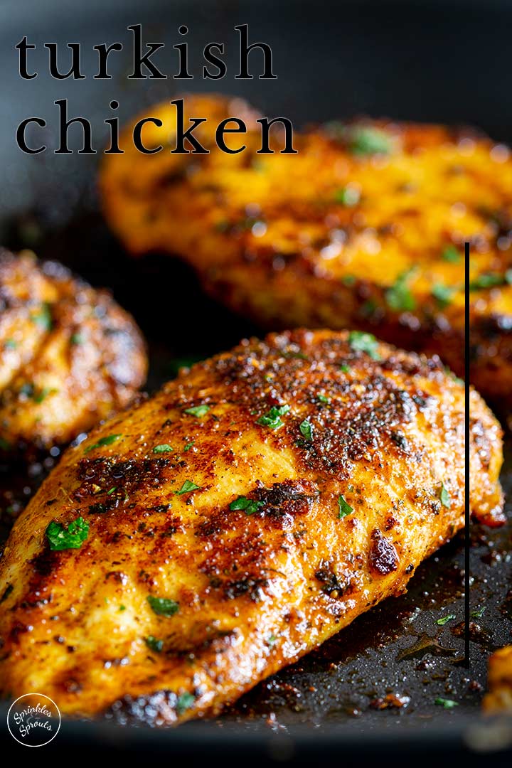 PIN IMAGE - a cooked Turkish chicken breast with text overlay