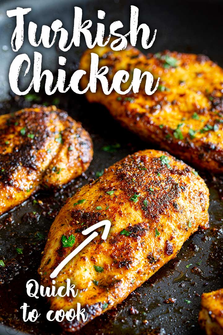 PIN IMAGE - a cooked Turkish chicken breast with text overlay