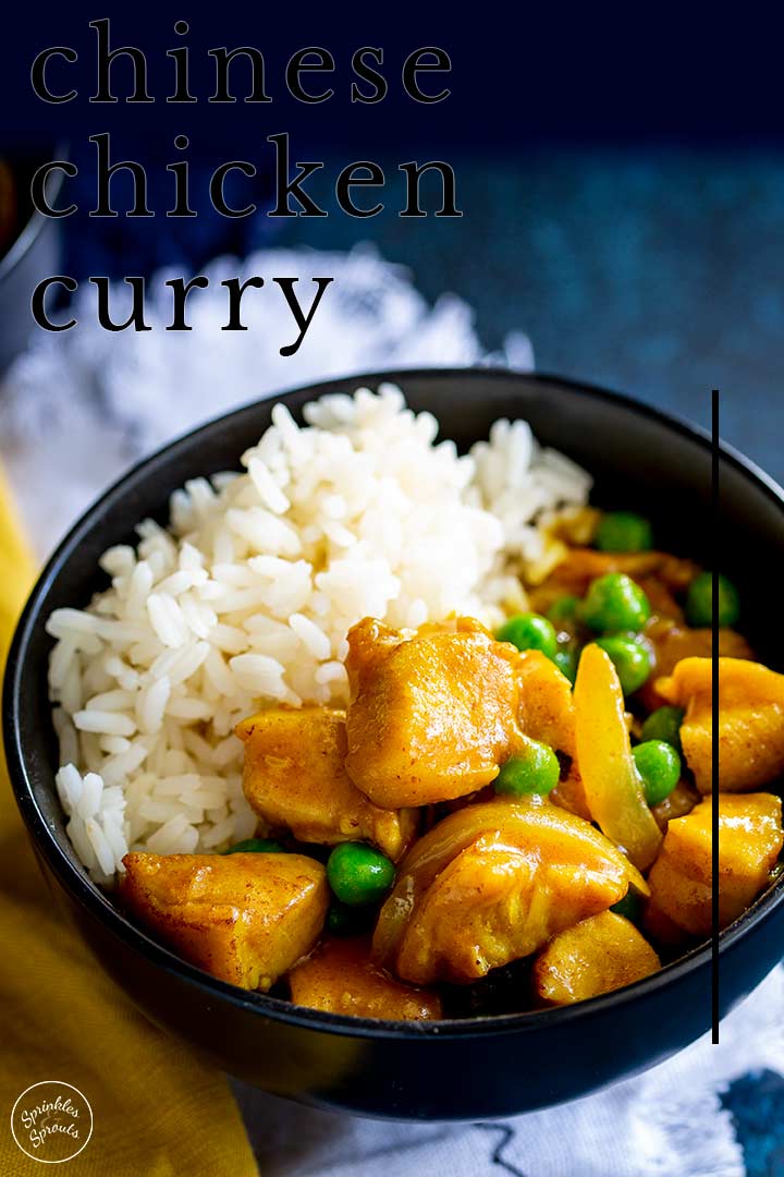 PIN IMAGE: A black bowl of Chinese chicken curry with rice and peas with text at the top