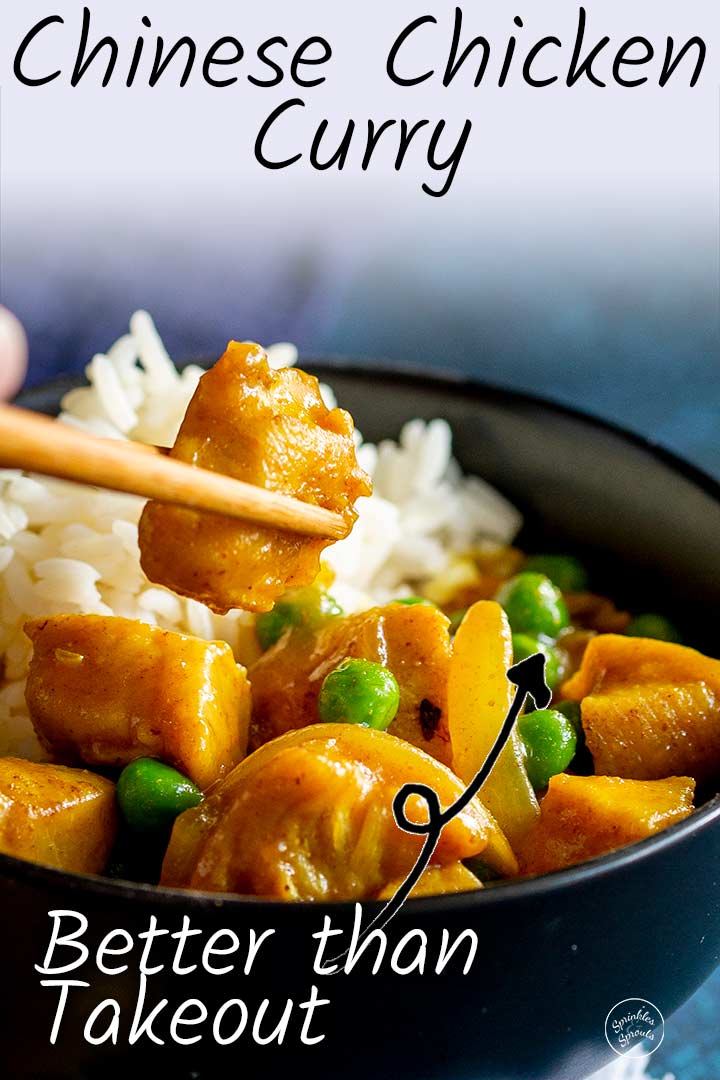 PIN IMAGE: Chinese chicken curry with rice and peas with text at the top