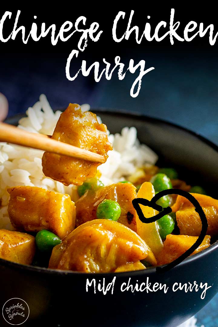 PIN IMAGE: chopsticks picking up Chinese chicken curry with text at the top