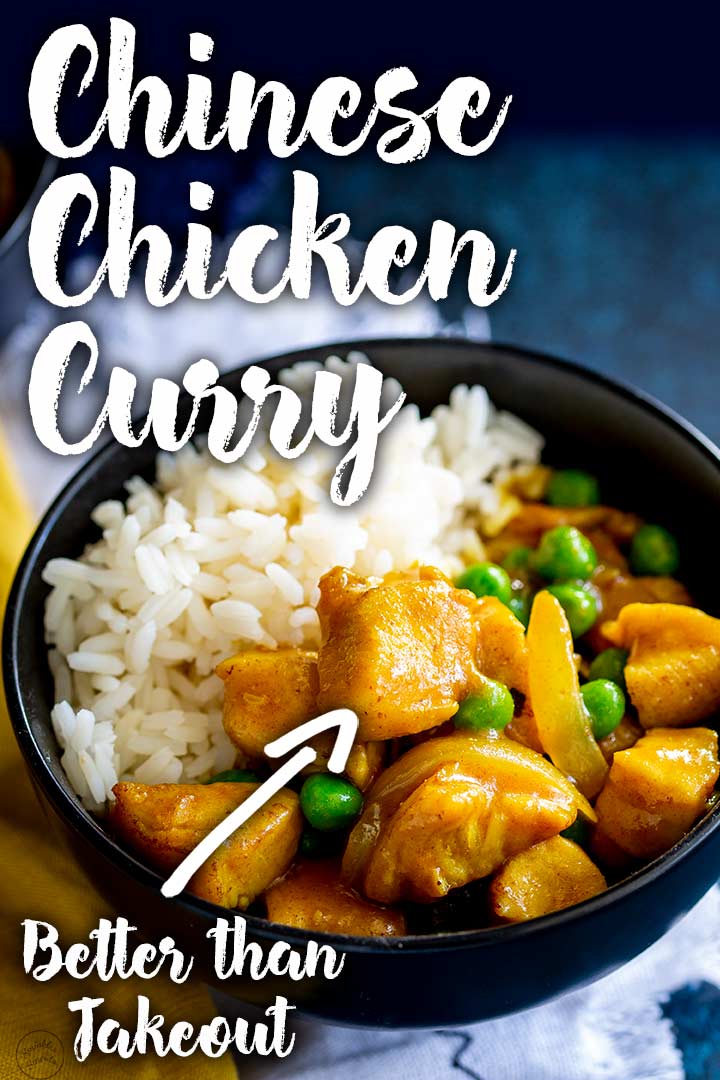 PIN IMAGE: Chinese chicken curry with peas in a black bowl with text at the top