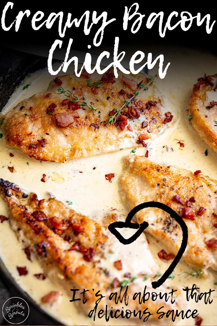 PIN IMAGE: Chicken in a creamy sauce with text and an arrow overplayed