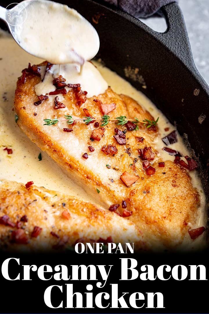 PIN IMAGE: cream sauce spooned over a cooked chicken breast with text overlay at the bottom