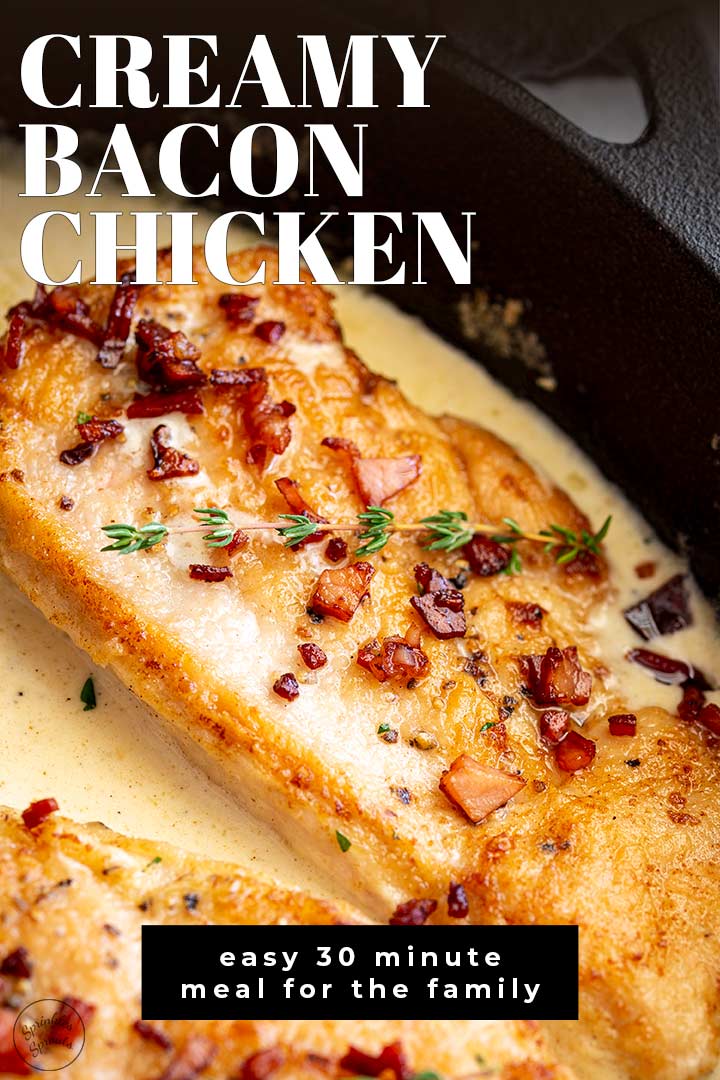 PIN IMAGE: A chicken breast with bacon on top. text covered layer at top and bottom