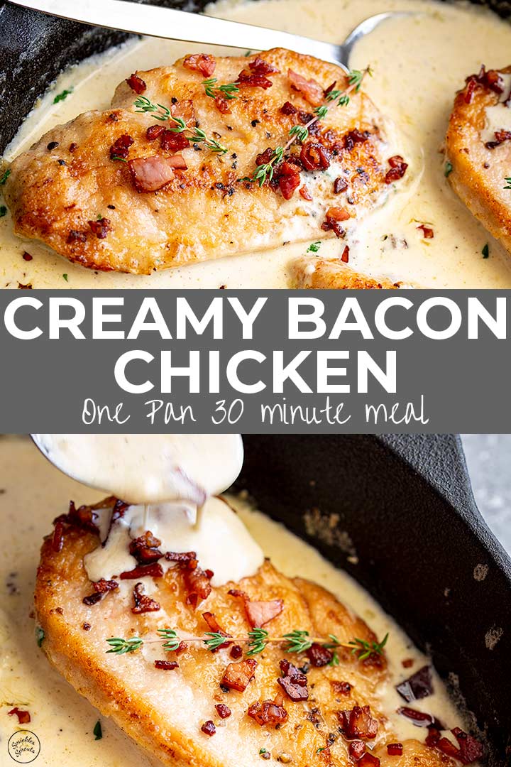 PIN IMAGE: Two picture of creamy bacon chicken with text in the middle