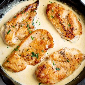 Overhead of 4 chicken fillets in a black pan with creamy sauce