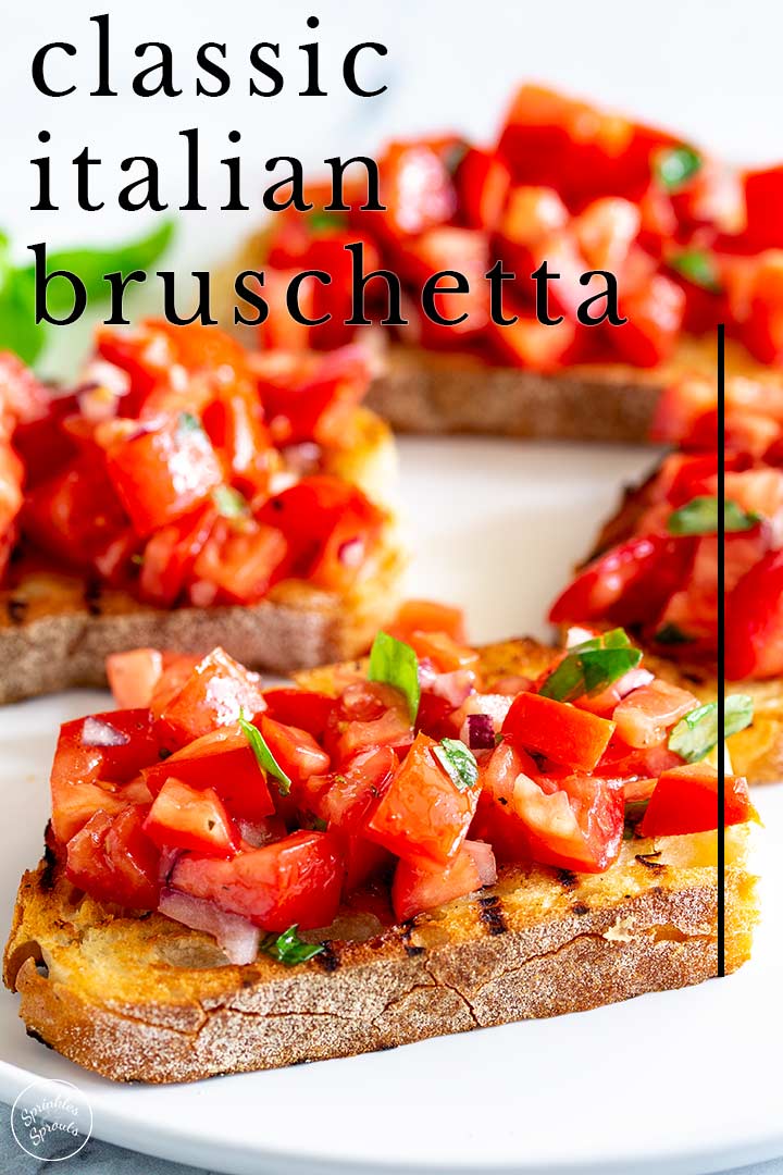 PIN IMAGE - Tomato Bruschetta on a white plate with text overlay