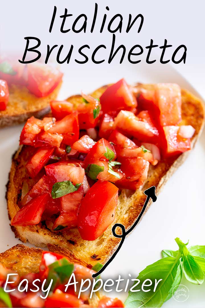 PIN IMAGE - Tomato Bruschetta on a white plate with text overlay