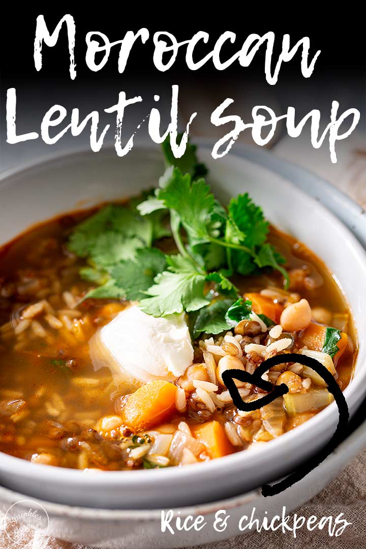 PIN IMAGE - a white bowl of lentil soup with text overlay
