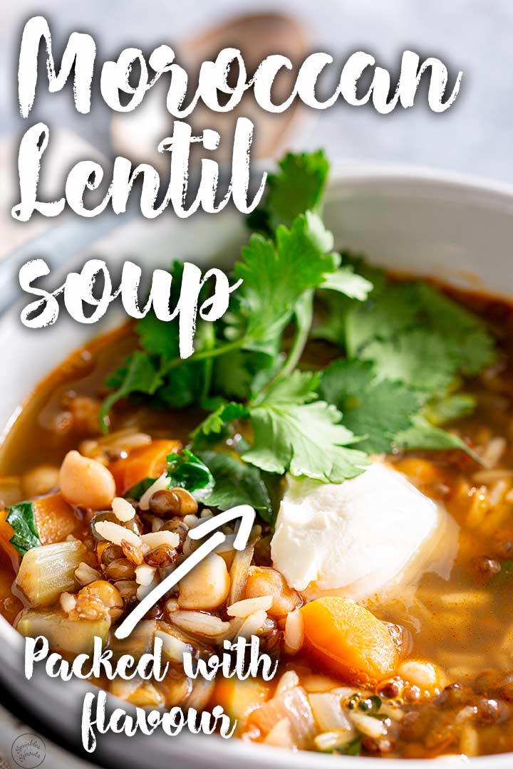 PIN IMAGE - close up on lentil soup with text overlay