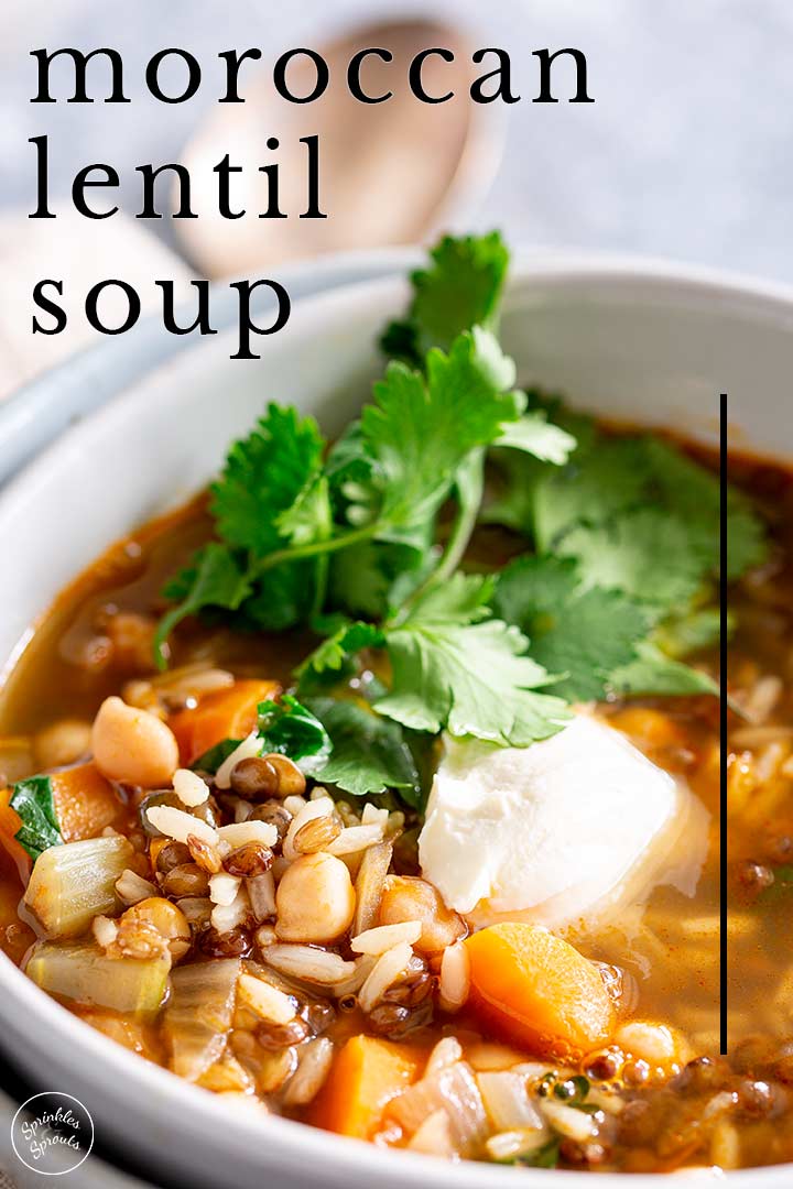 PIN IMAGE - close up on lentil soup with text overlay